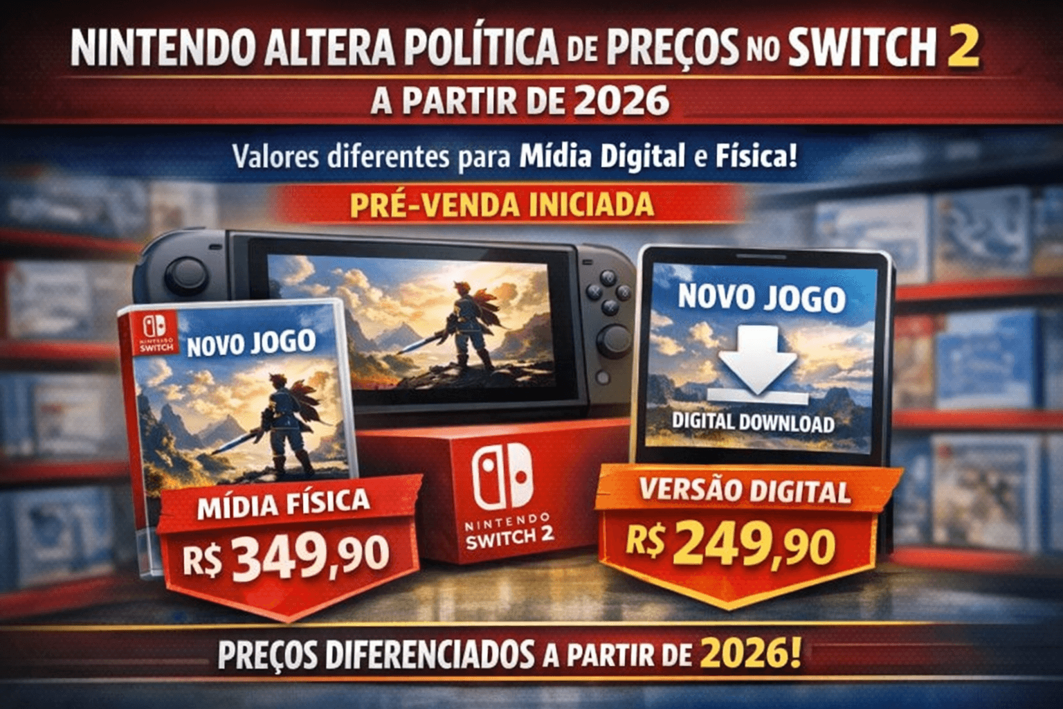 Preços no Switch 2 terão nova regra a partir de 2026 com diferenças entre jogos digitais e físicos