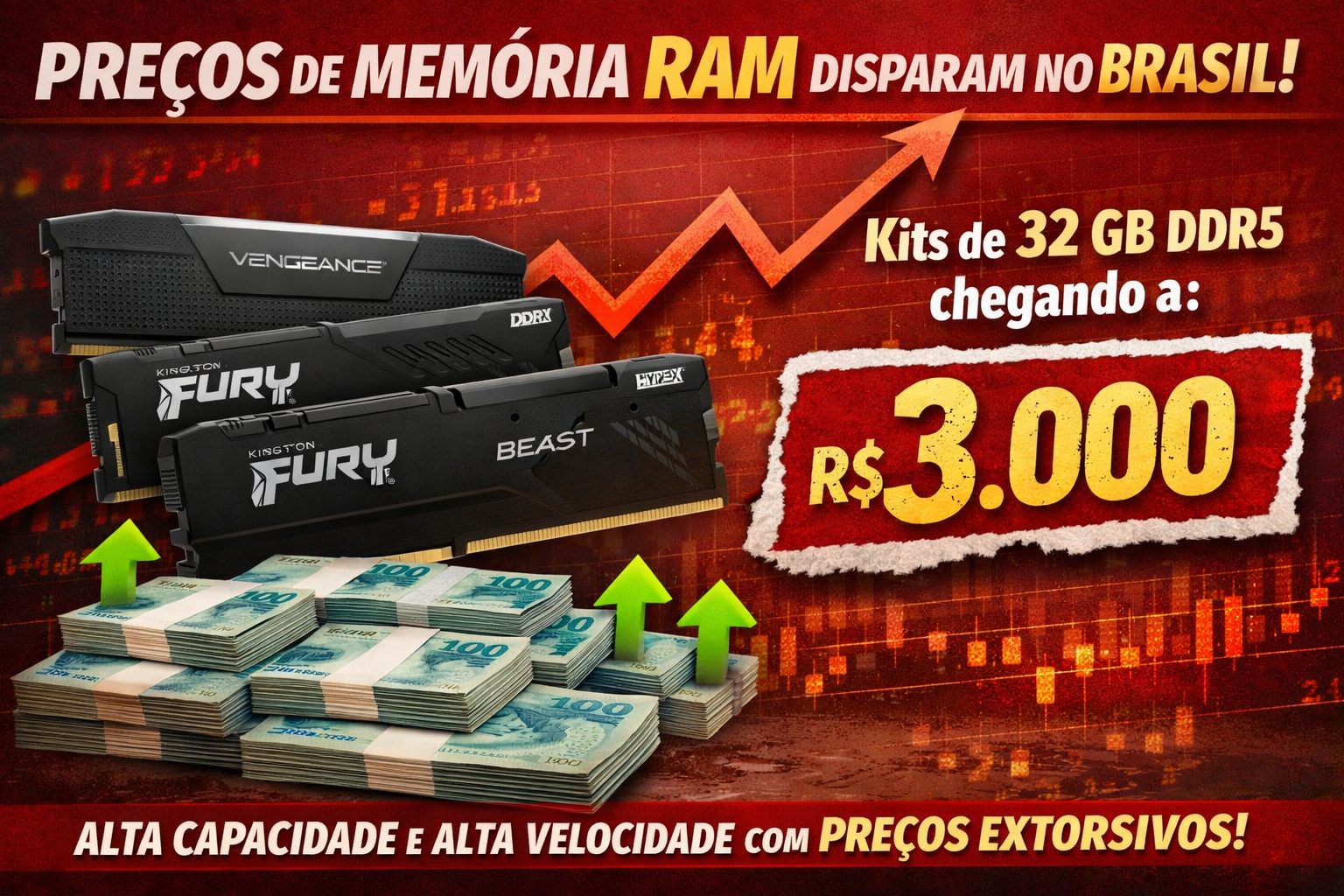 Memória RAM atinge preço extorsivo no Brasil kits de 32 GB DDR5 chegam a R$ 3 mil